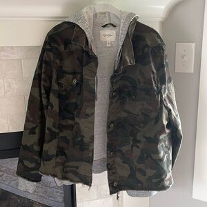 Camo jacket with built in gray zip up hoodie